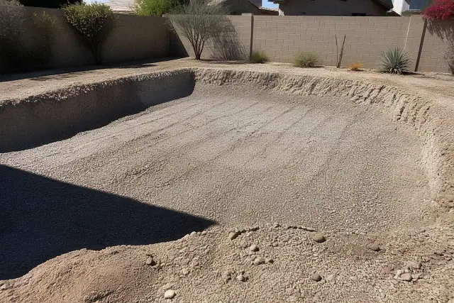 Hollowed cavity of a removed swimming pool filled with aggregate for soil compaction at a job site in Phoenix, AZ.