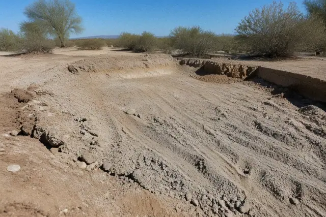 Excavator tracks and loose aggregate fill in an in-ground pool removal project in Queen Creek, AZ.
