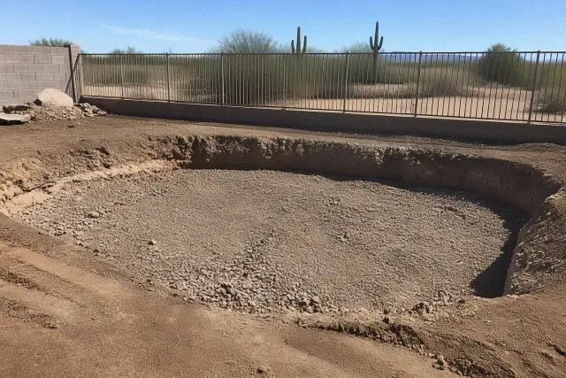 Hollowed pool cavity filled with aggregate materials during a demolition project in Surprise, AZ.