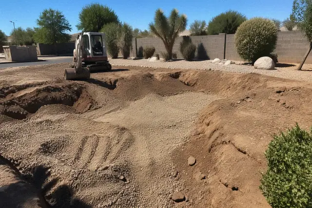 Heavy equipment tracks in a pool demolition site filled with aggregate in Chandler, AZ.