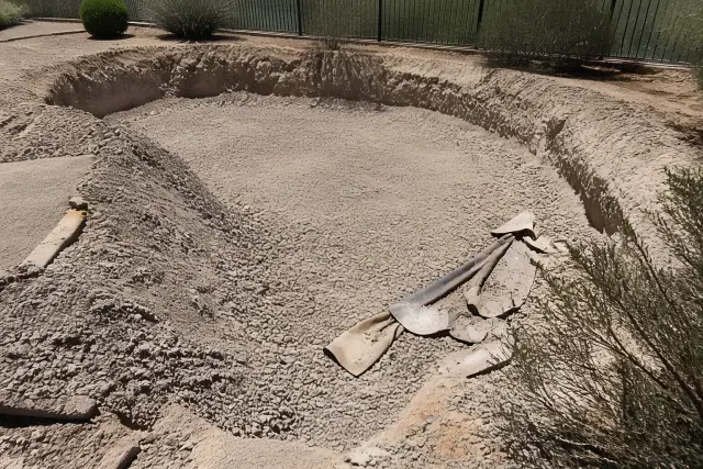 A hollowed pool basin filled with loose aggregate and dirt during a demolition project in Goodyear, AZ.