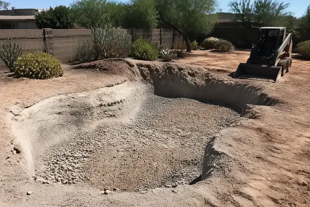 Skid steer parked at an active residential in-ground pool removal and excavation site in Phoenix, AZ.