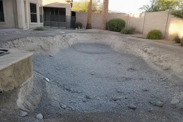 In-ground pool excavation site filled with gravel for backfilling at a residential property in Gilbert, AZ.