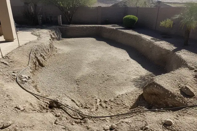 Excavated swimming pool filled with aggregate during a residential demolition project in Peoria, AZ.