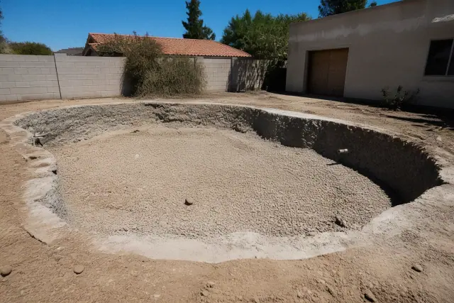 A removed swimming pool basin filled with aggregate, staged for grading at a residential demolition site in Phoenix, AZ.