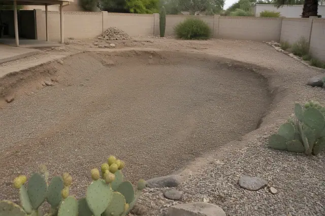 Residential pool removal and backfill excavation with gravel and prickly pear cacti in Phoenix, AZ.