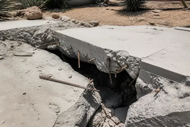 Concrete slab with jagged edges and exposed rebar after precision sawcutting at a job site in Phoenix, AZ.