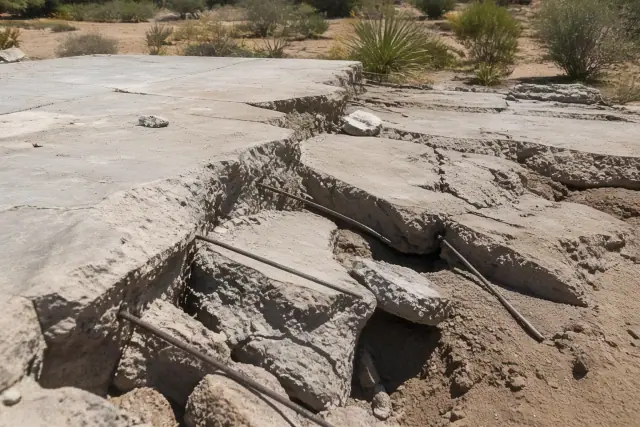 Fractured concrete slab with exposed rebar at a demolition site in Phoenix, AZ.