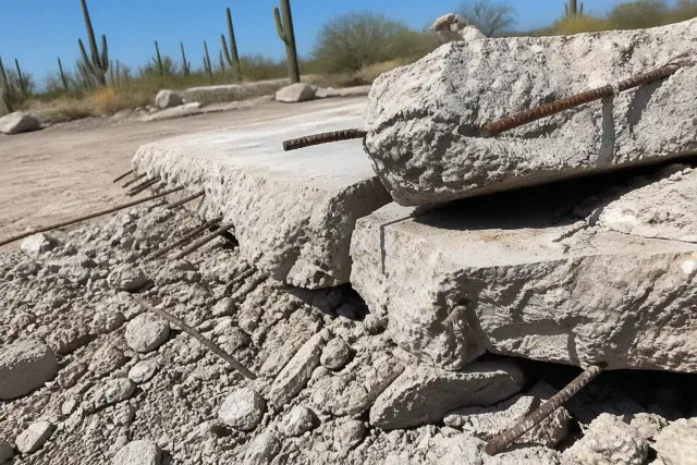 Exposed rusted steel rebar in a fractured concrete slab on a jobsite in Phoenix, AZ.