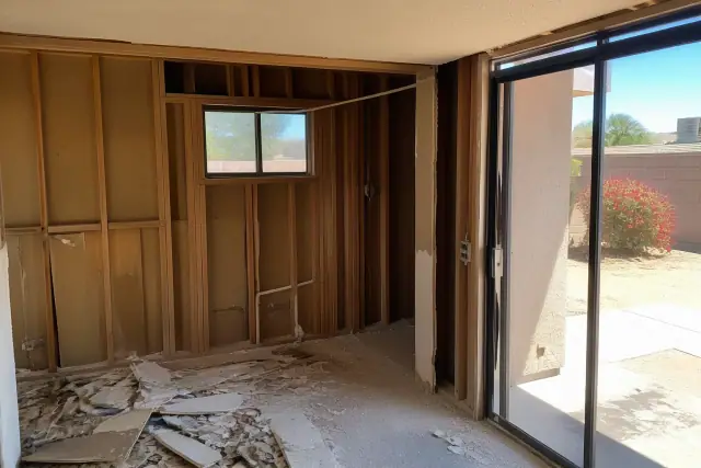 Interior of a residential home under demolition with exposed wall framing and scattered debris in Phoenix, AZ.