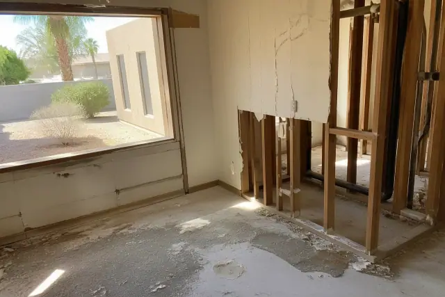 Interior of a house undergoing demolition with exposed wall framing and debris in Phoenix, AZ.