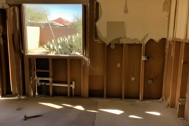 Interior of a residential home under demolition with exposed wall framing and prickly pear cactus in Chandler, AZ.