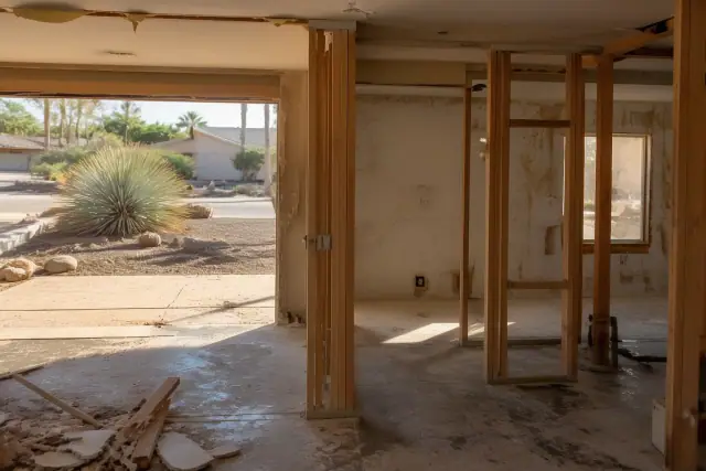 Residential demolition in progress with exposed wall studs and debris inside a home in Scottsdale, AZ.