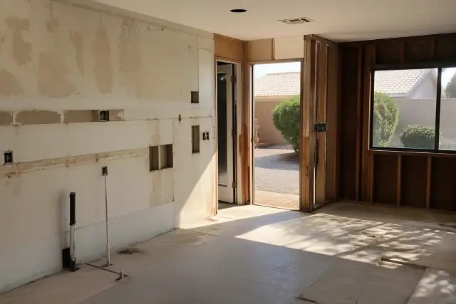 Interior view of a residential demolition project with exposed wall framing in Gilbert, AZ.