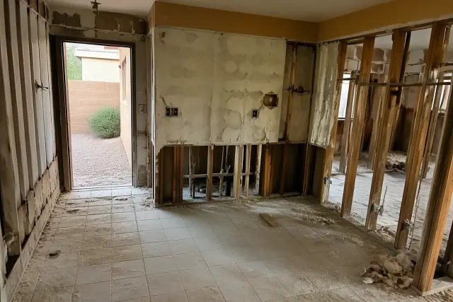 Residential home interior during a demolition project with exposed wall framing and construction debris in Mesa, AZ.