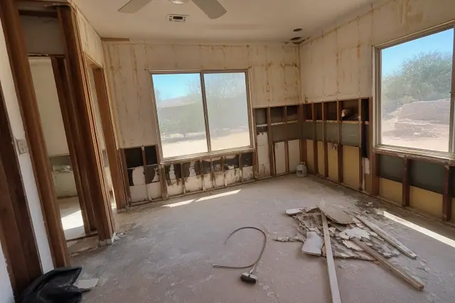 Interior view of a residential home demolition project in Queen Creek, AZ, with exposed wall framing and debris.