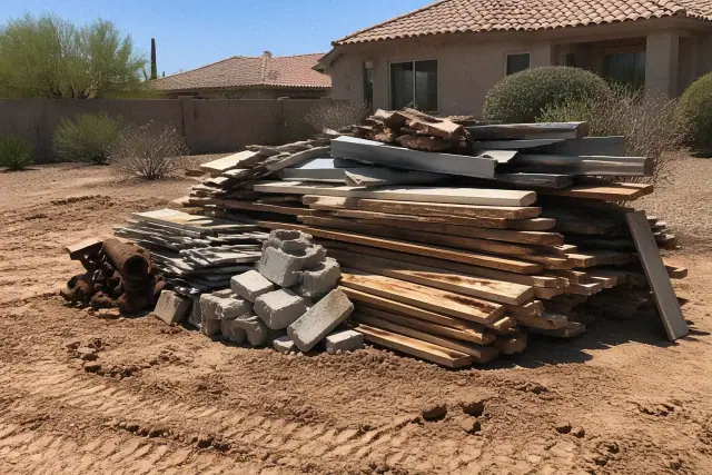 A neat stack of sorted construction waste on a cleared residential lot in Phoenix, AZ under harsh midday sunlight.