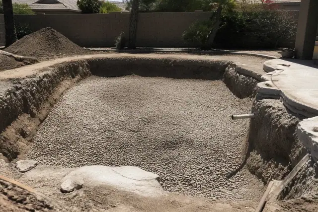 In-ground pool demolition in progress with exposed aggregate and raw earth in a backyard in Phoenix, AZ.