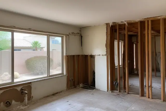Interior of a home during demolition with exposed wall framing in Phoenix, AZ.