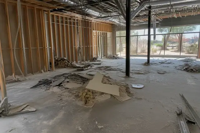 Interior of a demolition site with exposed studs and debris in Phoenix, AZ.