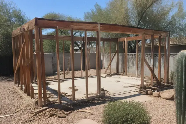 Skeletal wooden frame of a partially demolished shed in Phoenix, AZ with debris on the gravel ground.
