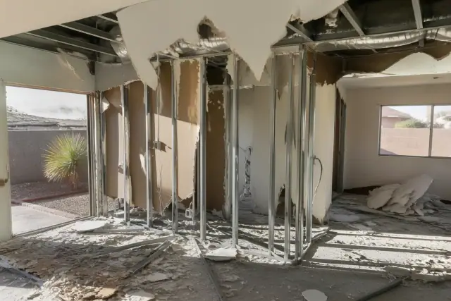Selective demolition of a partition wall with exposed metal studs and construction debris at a residential site in Chandler