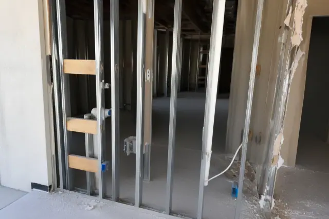 Partially dismantled drywall and exposed metal studs during a residential gut renovation in Phoenix, AZ.