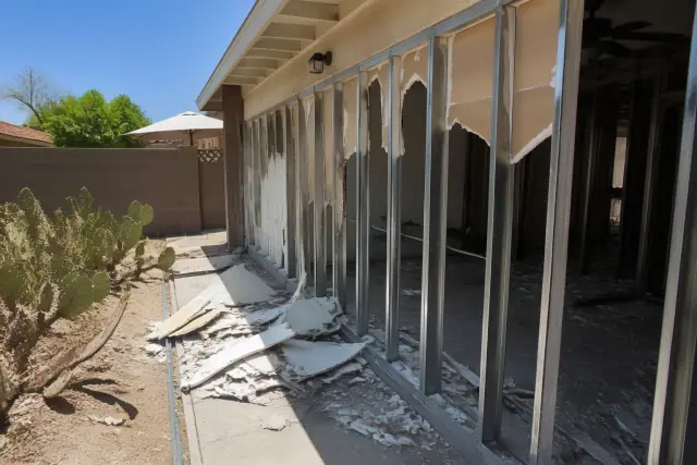 Selective demolition of a residential wall showing metal studs and drywall debris at a job site in Peoria, AZ.