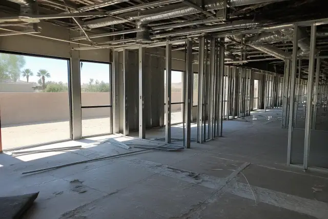 Interior of a building in Phoenix, AZ undergoing selective demolition with exposed wall studs and overhead metal conduits.