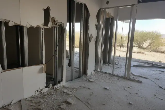Selective demolition of a drywall and metal stud partition wall at a job site in Queen Creek, AZ.