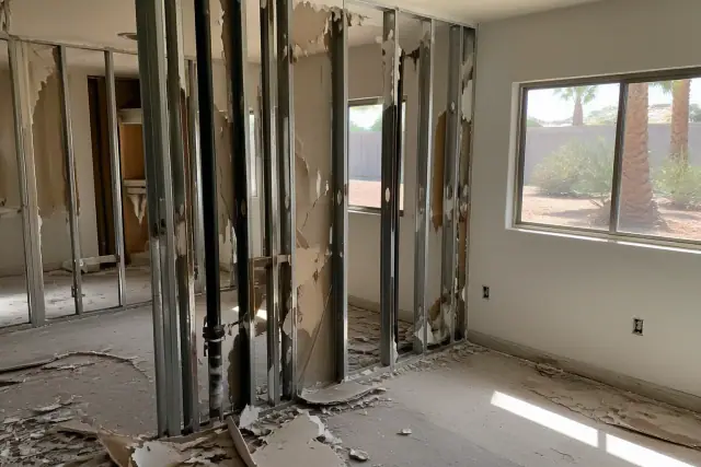 Partition wall demolition in a room undergoing a gut renovation in Gilbert, AZ, with scattered drywall debris.