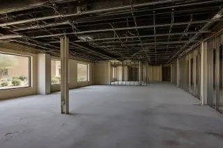 Gutted commercial office interior showing exposed metal studs and desert views through windows in Phoenix, AZ.