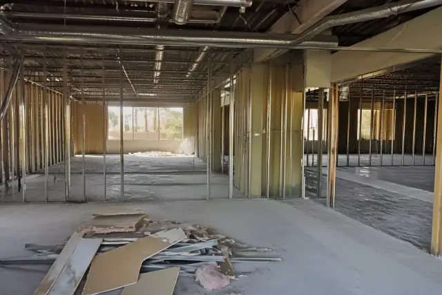 Interior demolition site with exposed studs and utility conduits in Phoenix, AZ, seen through a building window.
