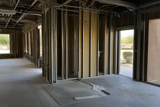 Interior view of a commercial office strip-out project with exposed studs and utilities in Phoenix, AZ.
