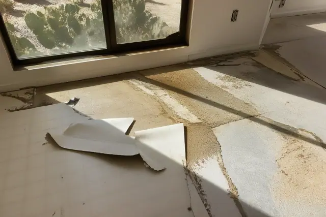 Torn sheet vinyl flooring and adhesive residue on a subfloor in a Phoenix, AZ home.