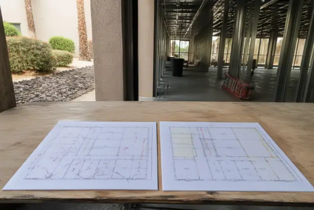 Two project layout plans on a plywood table at a commercial job site in Phoenix, AZ.