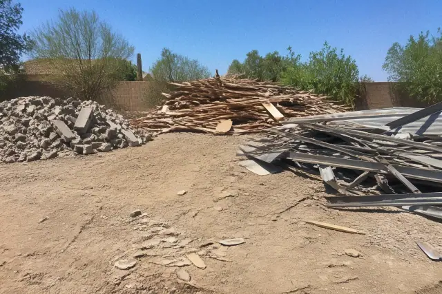 Sorted construction waste and debris awaiting removal at a demolition jobsite in Chandler, AZ.