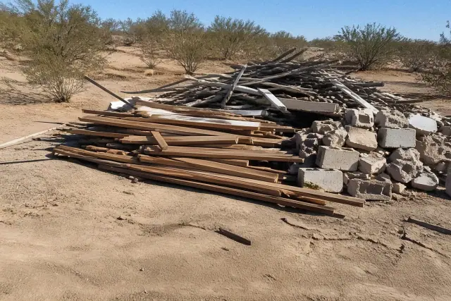 Sorted construction debris including wood, metal, and masonry piles at a jobsite in Mesa, AZ.