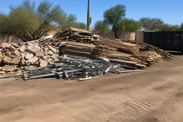 Pile of construction debris including wood, metal, and masonry at a job site in Phoenix, AZ.