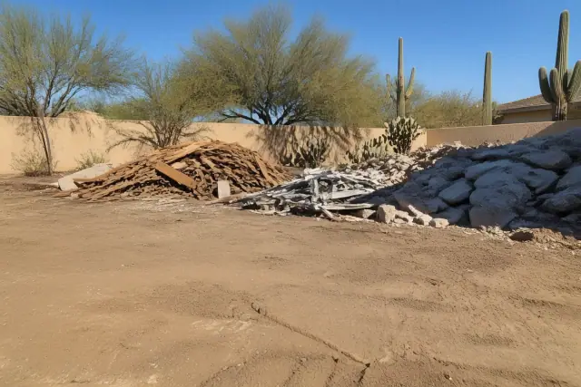 Sorted pile of construction debris including wood, metal, and masonry at a demolition site in Goodyear, AZ.