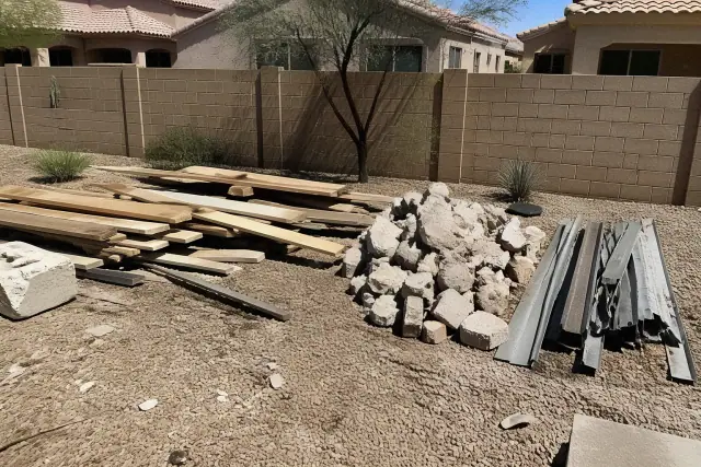 Sorted pile of construction debris and wood scrap at a demolition site in Peoria, AZ.