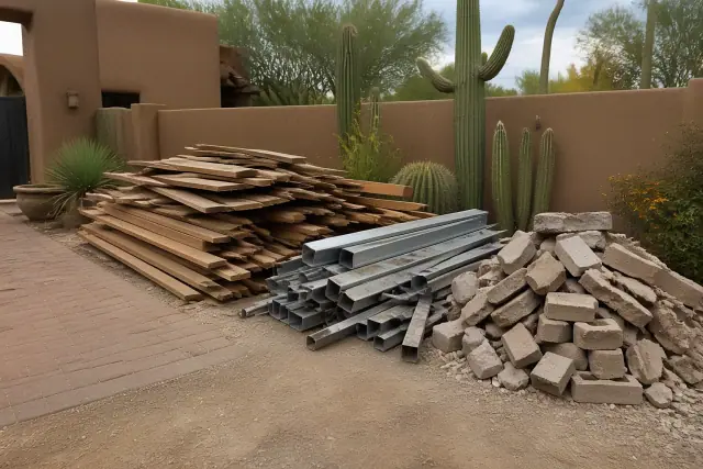 A pile of sorted construction waste including wood, metal, and masonry at a job site in Scottsdale, AZ.