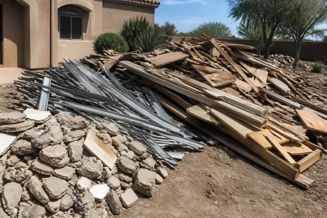 Pile of wood, metal, and masonry debris at a demolition site clearing project in Gilbert, AZ.
