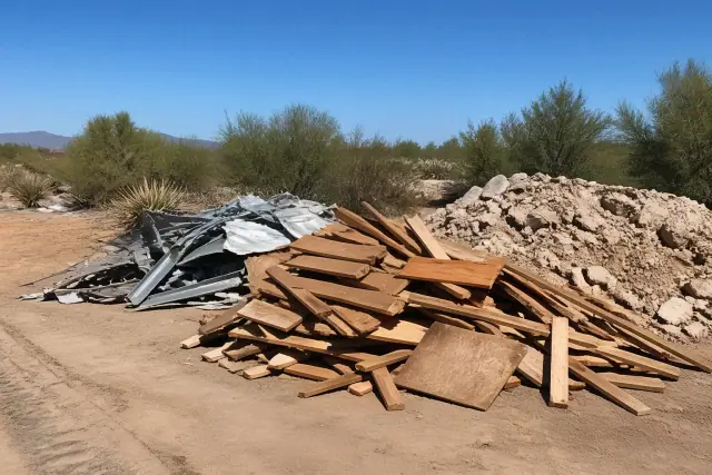 Sorted pile of construction waste including wood, metal, and masonry at a jobsite in Surprise, AZ.