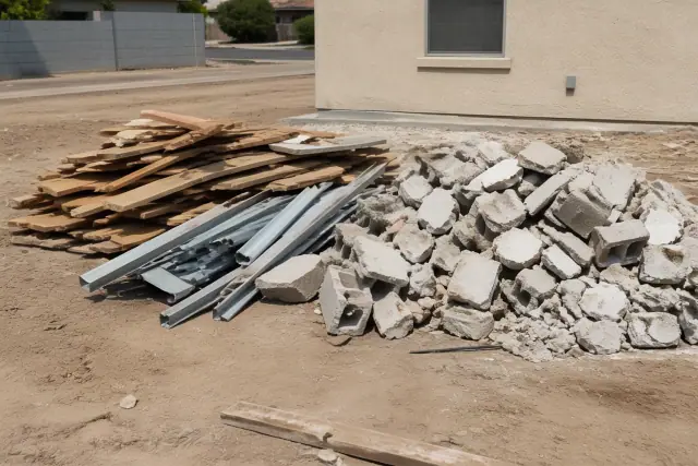 Sorted construction debris pile with wood, metal, and masonry at a residential demolition site in Phoenix, AZ.