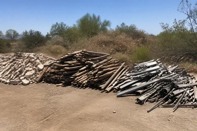 Sorted pile of wood, metal, and masonry debris at a structural demolition worksite in Phoenix, AZ.