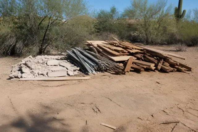 A neat stack of sorted construction waste including wood, metal, and masonry at a job site in Queen Creek, AZ.