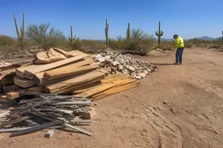 Worker inspecting a pile of sorted wood, metal, and masonry debris at a sunny Phoenix, AZ jobsite.