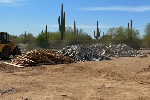 Sorted construction waste pile with wood, metal, and masonry at a site preparation job in Phoenix, AZ.