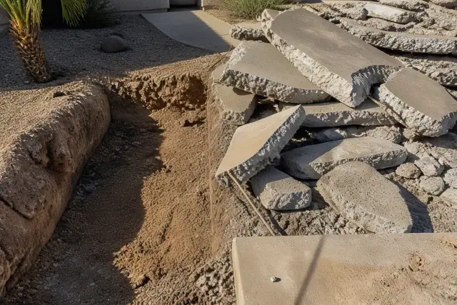 Excavated earth and broken concrete slab with exposed rebar at a job site in Phoenix, AZ.